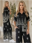 Komplet Avelia CZARNO-BIAŁY bawełniano-lniany z koszulą i spodniami Boho-Etno