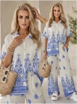 Komplet Avelia BIAŁO-BŁĘKITNY bawełniano-lniany z koszulą i spodniami Boho-Etno